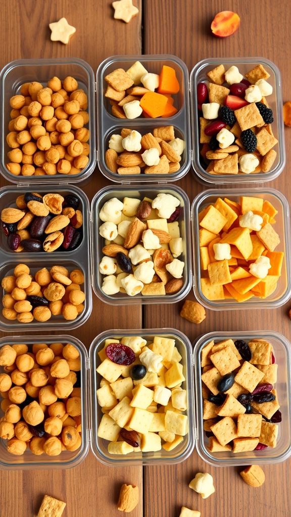 Colorful snack packs with nuts, chickpeas, popcorn, and dried fruits on a rustic table.